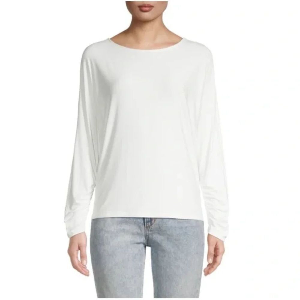 MAGASCHONI White Long Sleeve Ruched Stretch Dolman Sleeve Shirt Top Size Small